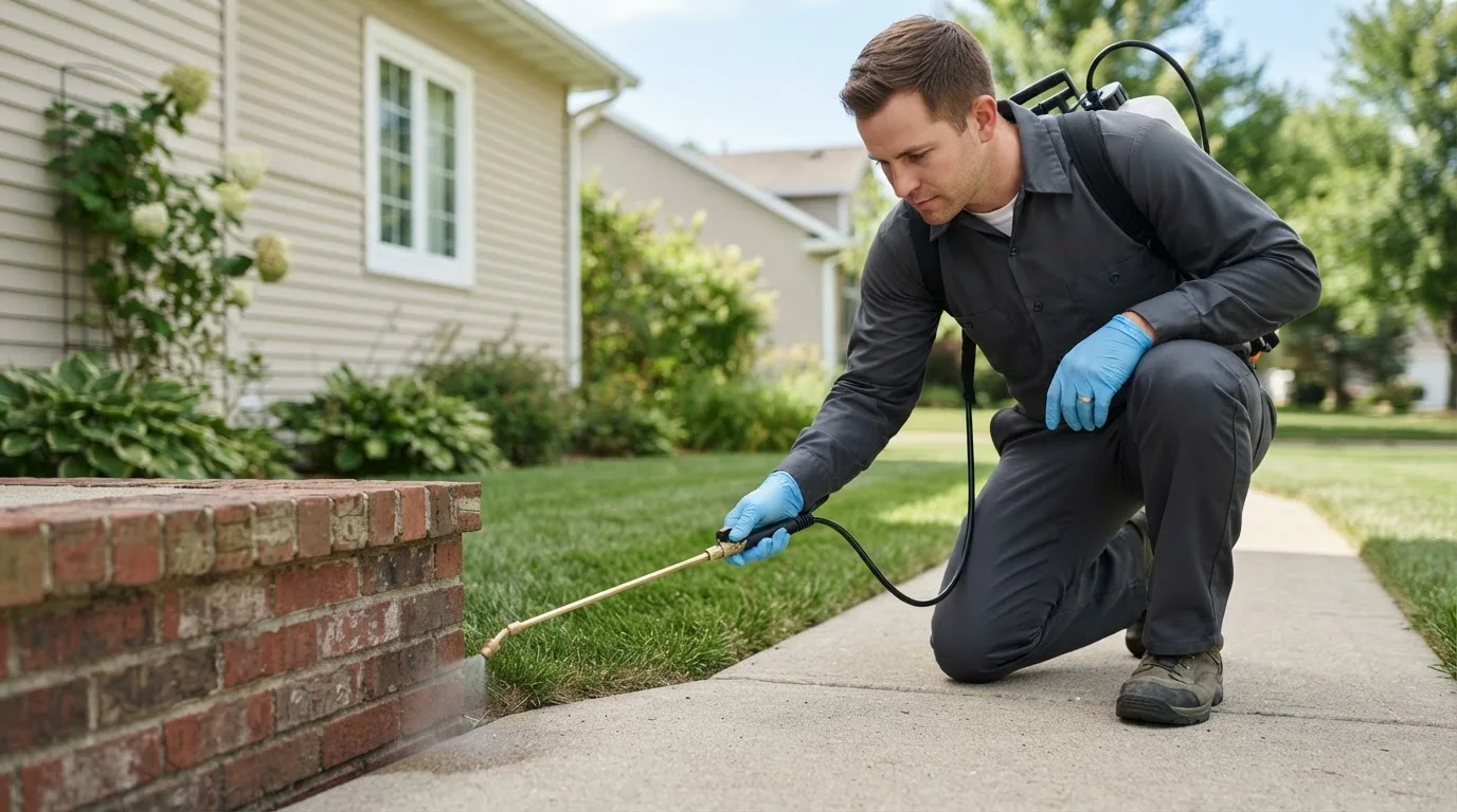 Pest control technician treating a home near Koppel, PA